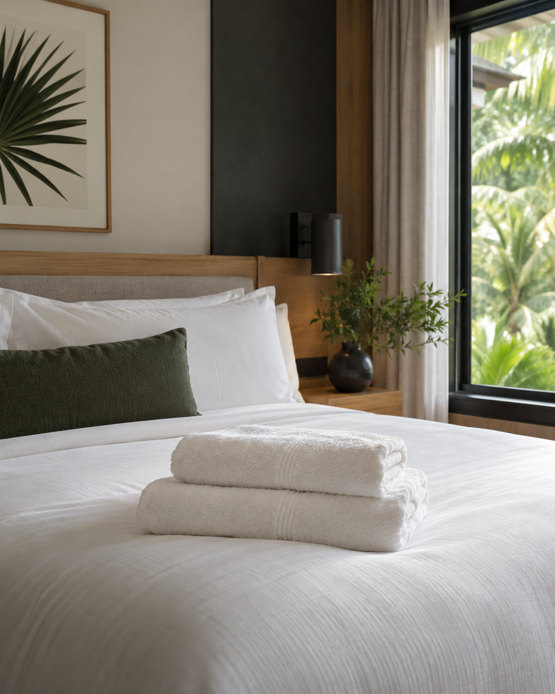 A calm bedroom with crisp white linen and two freshly folded towels, beside a window overlooking tropical greenery.